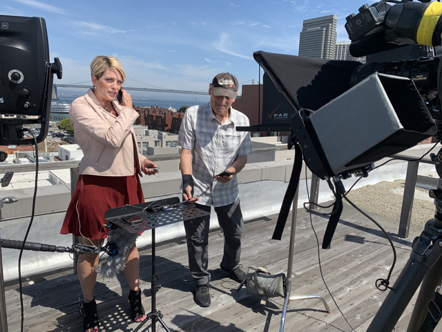Prepping for a live shot on the roof of the CBS Bureau in San Francisco