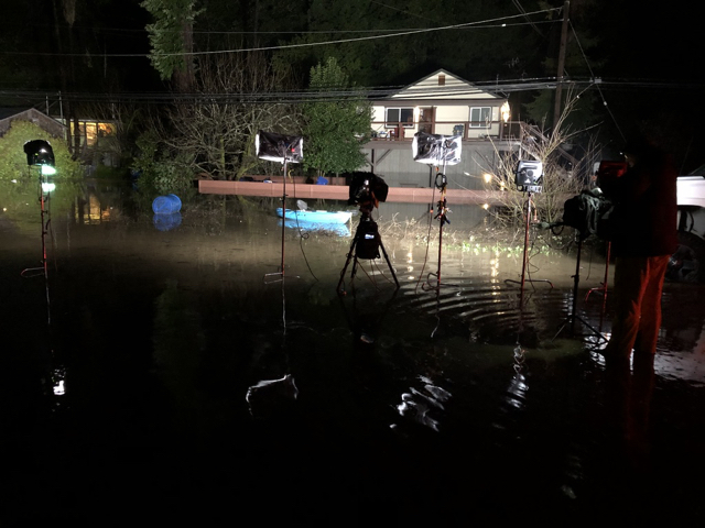 Lighting for CTM live shot on a flooded Russian River.