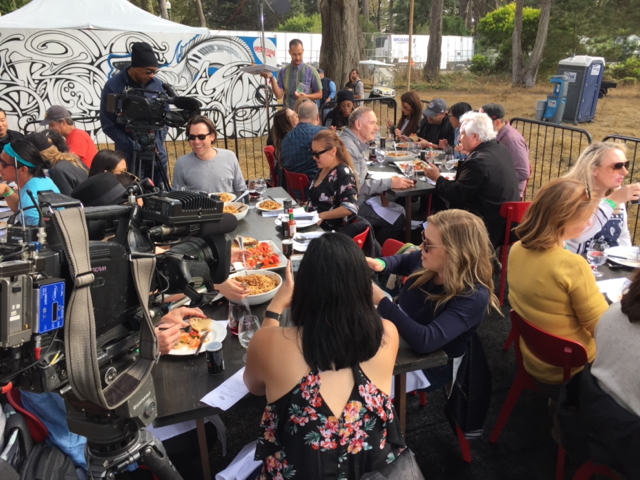 Shooting a three camera interview with John Blackstone during a full dinner seating at Outside Lands in Golden Gate Park, San Francisco.  Gilbert  Diez, CBS News Staffer, DP.